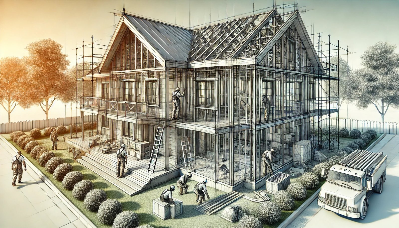 Vista de una casa moderna en construcción