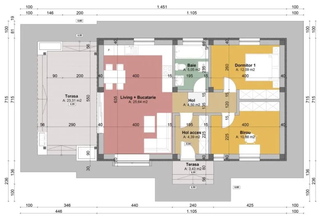 Plano Casa de 60 metros cuadrados con jardín grande 2 dormitorios