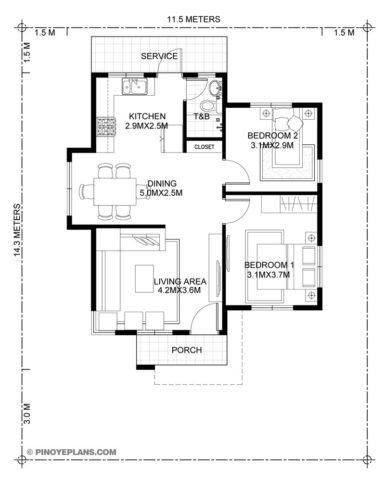 Plano de casa de 60 metros cuadrados y 2 dormitorios