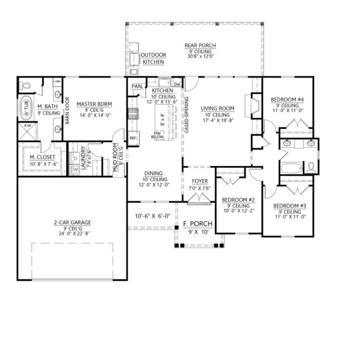 Planos de casa de una planta con 4 dormitorios estilo americano